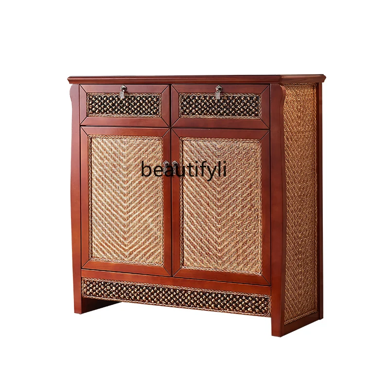 

Wooden Ball Shoe Cabinet Country Home Solid Wood Sideboard Entrance Living Room Vintage Rattan Hallway Locker Charming Style