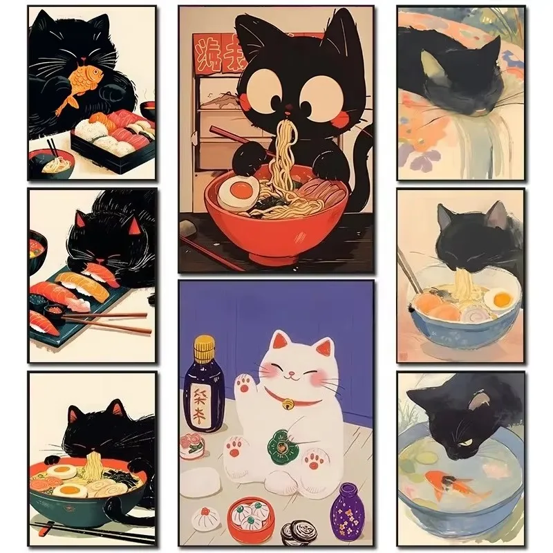 Adult Jigsaw Puzzle 1000 Pieces Puzzle Vintage Japanese Cat Eat Ramen Paper Puzzle Decorative Painting Exercise Brain Thinking
