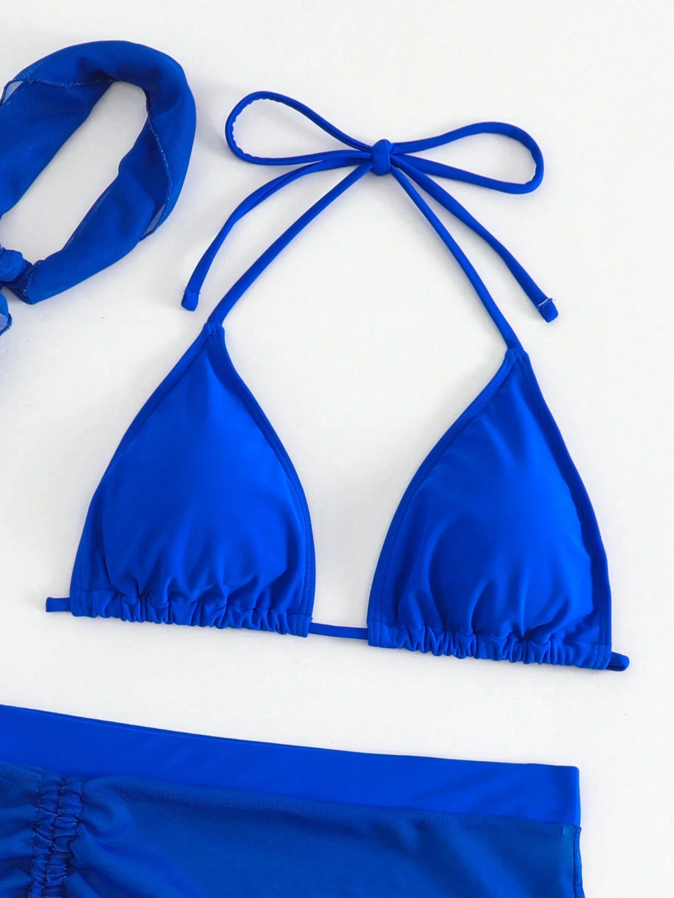 

Blue Halter Triangle Bikini Set With Beach Skirt And Bandana