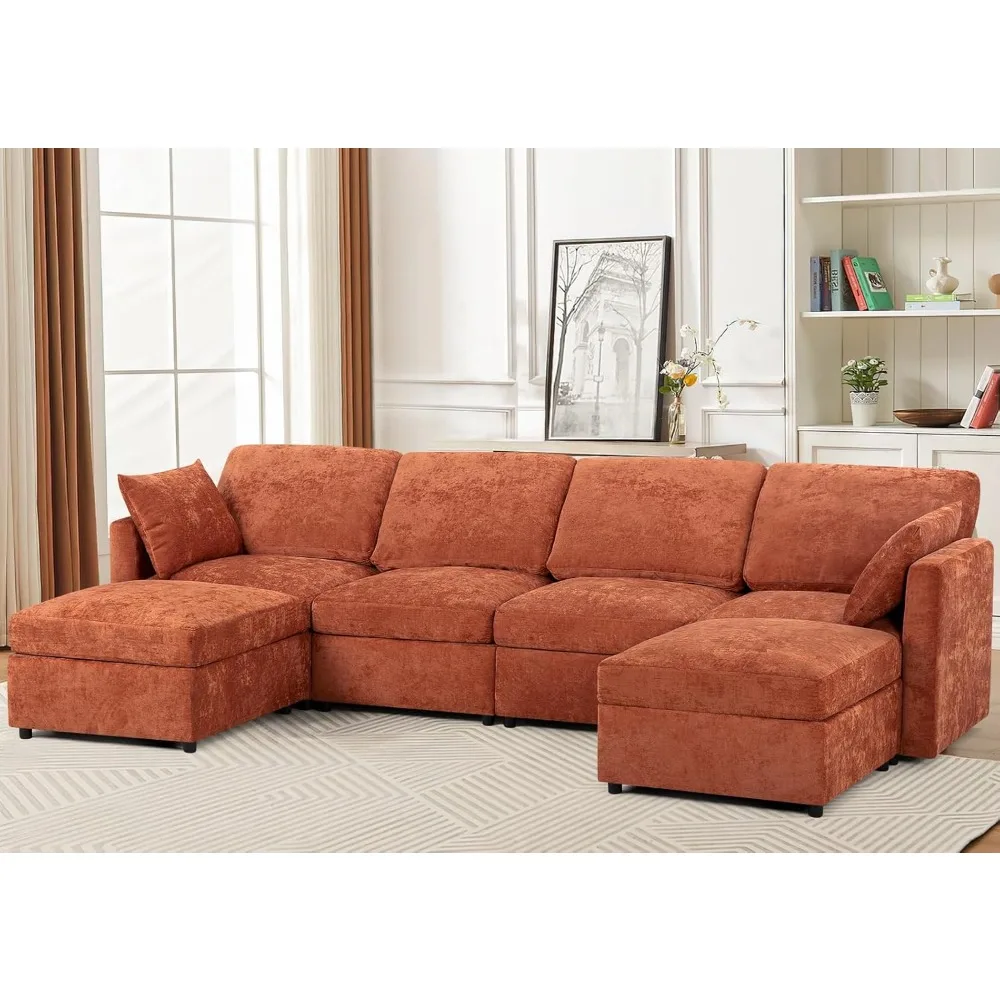 

110-inch Chenille Four-seater Sofa, Modern U-shaped Fabric Sofa, Upholstered Sectional Sofa with Armrests and Backrests
