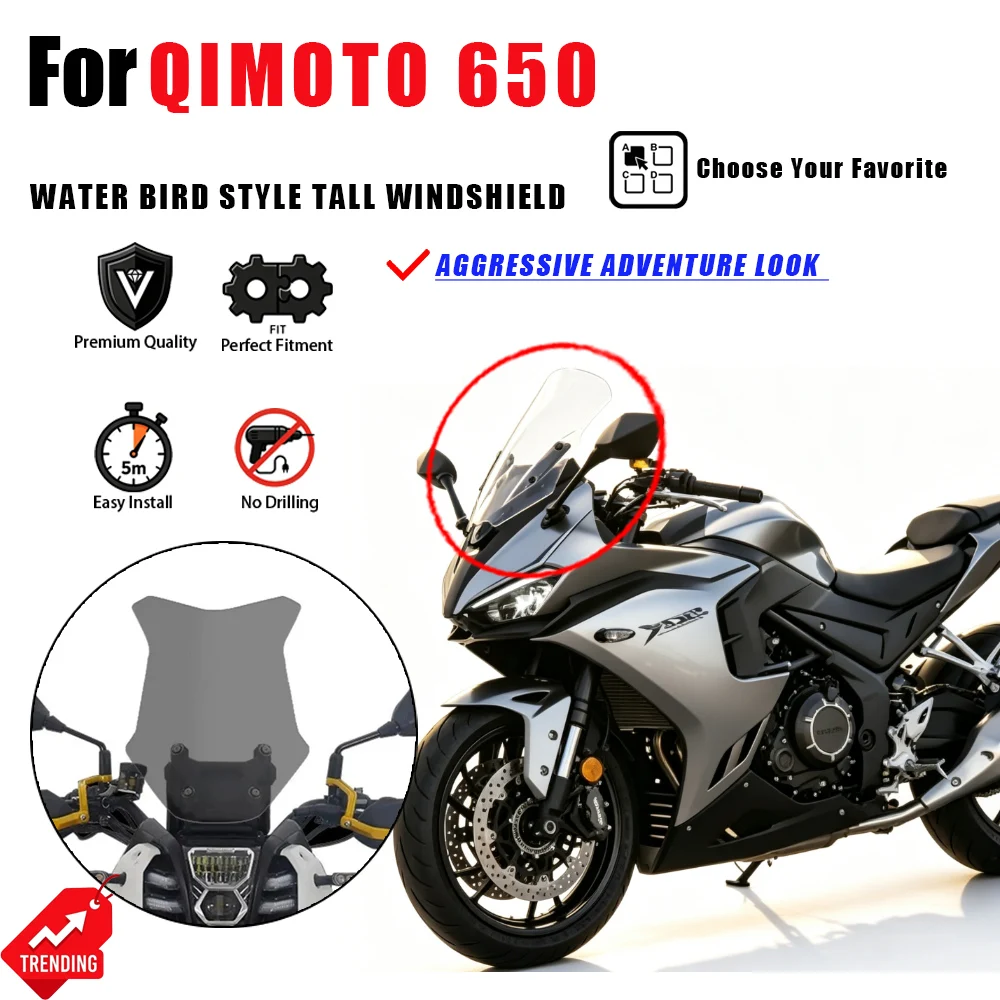 For QIMOTO 650 Water Bird Style Windshield Heightened Transparent Chest Guard Rain Deflector Accesorios Moto Parabrisas Cupula
