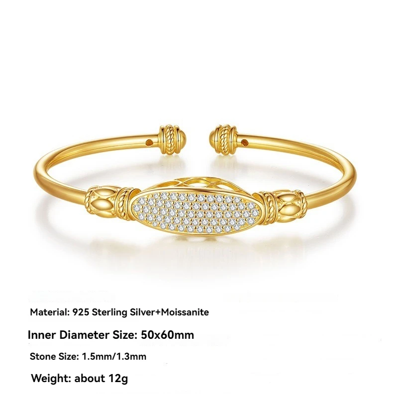 

925 Sterling Silver Sparkling Moissanite Women's Open Bracelet - Gold Plated Wedding Cuff Bangle & Engagement Bridal Jewelry