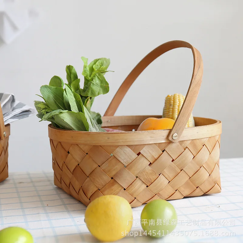 

Hand Woven Wooden Chip Storage Basket Household Goods Vegetable and Fruit Weaving Basket