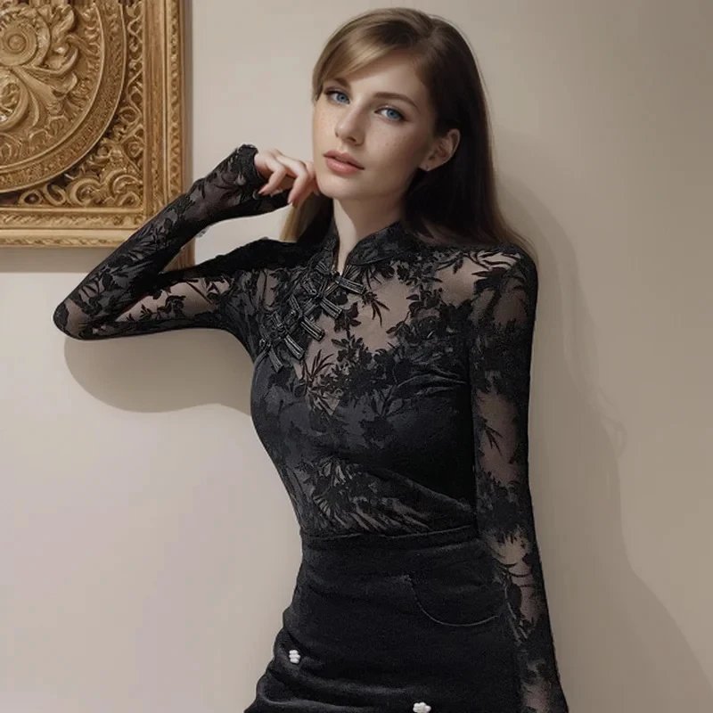 Fashion Black See Through Sexy Women Blouse Casual Long Sleeve Slim Vintage Shirt Woman Embroidered Lace Elegant Blouses 11350