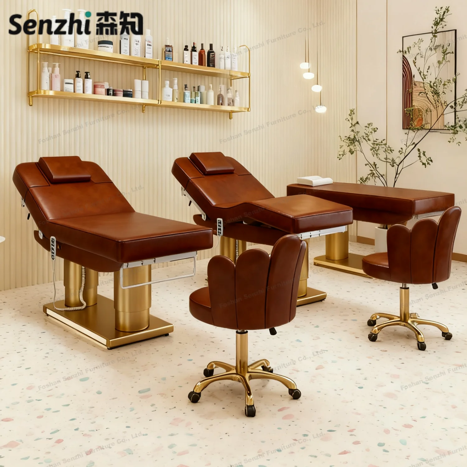 

4 Motor Facial Massage Bed Gold Base Heating Electric Treatment Salon Beauty Bed Spa Eyelash Lash Bed Leather Skin