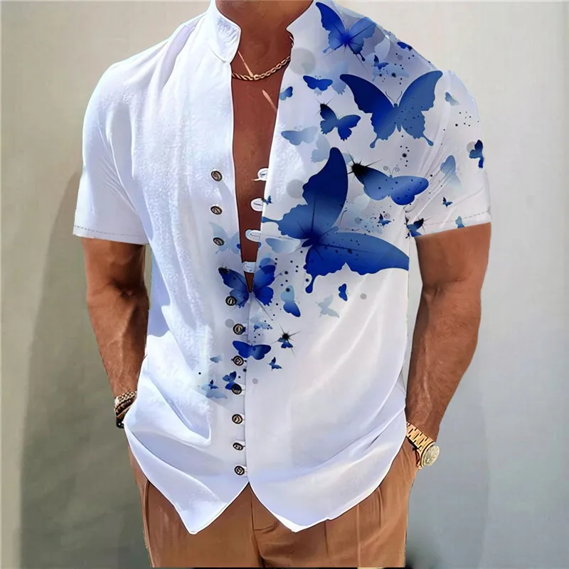 Men\'s Linen Shirt Floral Graphic Prints Stand Collar Outdoor Street Short Sleeve Print Clothing Apparel Linen Fashion