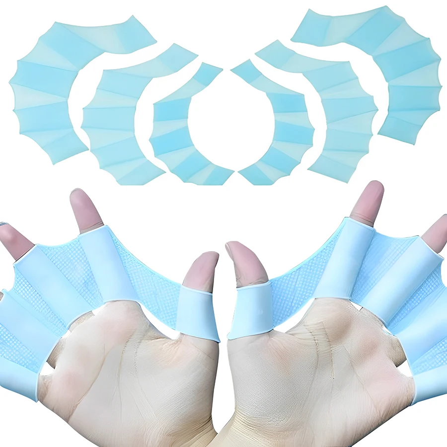 Guantes palmeados de mano para natación de silicona azul, 3 tamaños disponibles, aletas para dedos de estilo libre, equipo de entrenamiento auxiliar, ayudas para natación