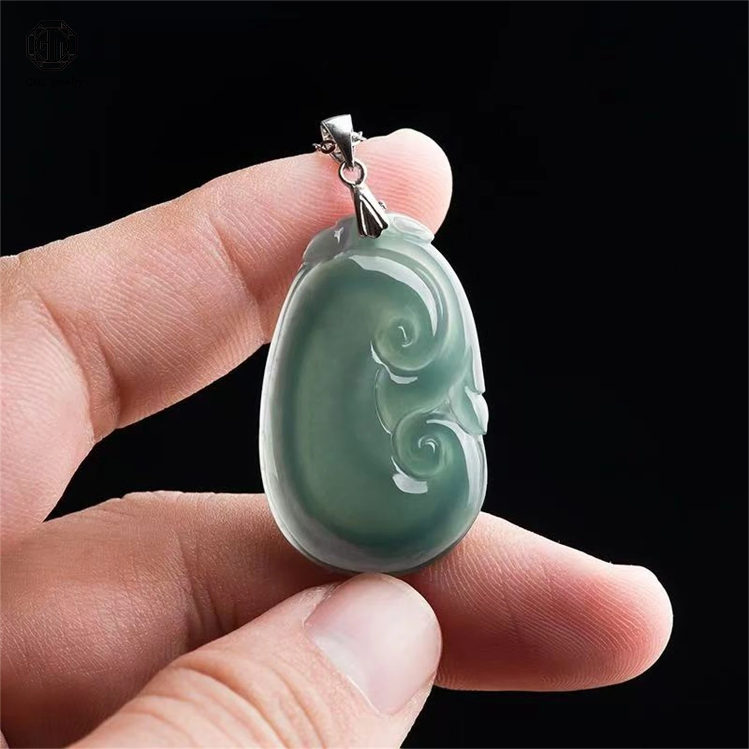 Natural Grade A Jadeite Blue Water Small Ruyi Pendant 18K Gold Inlaid Ice Translucent Women Gemstone Necklace Jewelry Gift