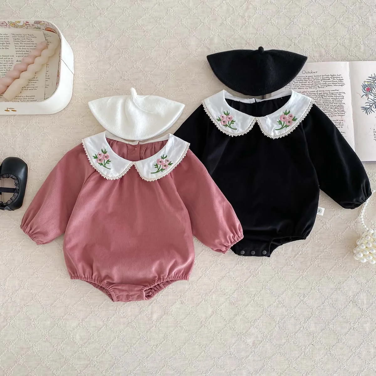 Autumn Infant Bodysuit Newborn Girls Romper Floral Embroidery Lapel Solid Color Long Sleeved Jumpsuit Baby Clothes 0-2 Years Old