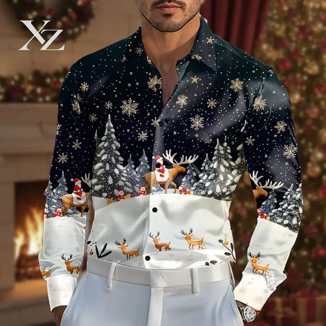 Men's Christmas shirt, tree and snowflake pattern T-shirt, large size, long sleeve, street style men's shirt