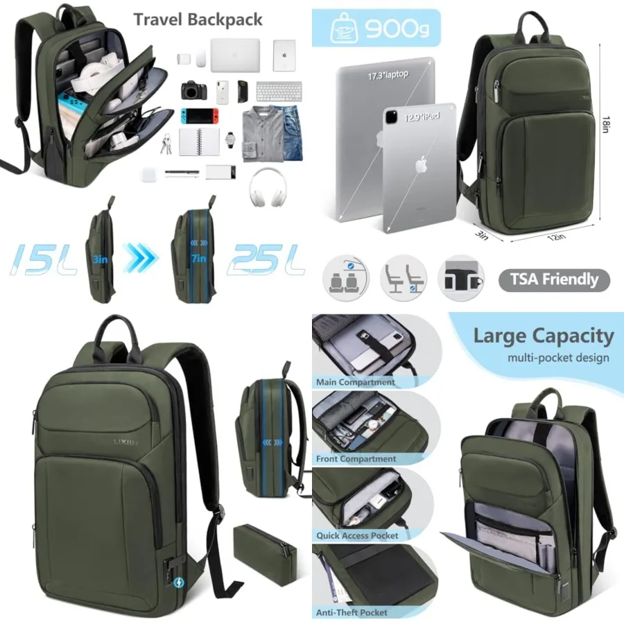 

Backpack for Men Slim and Expandable Travel Laptop Backpack with USB Charging Port Water Resistant Anti-Theft Business Backpack