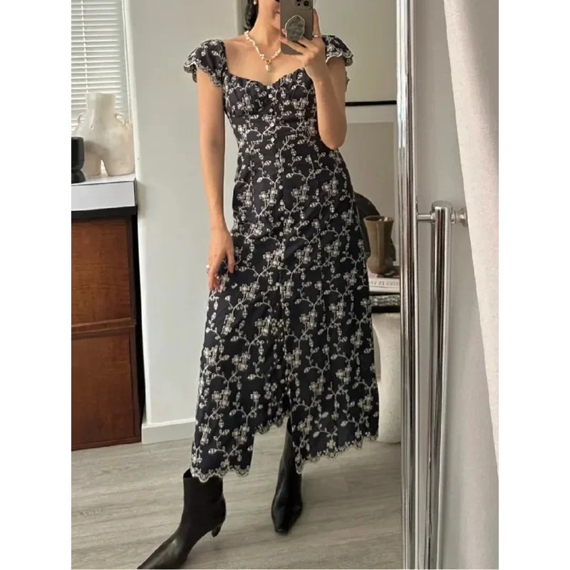 

Women's Floral Print Square Neck Dress French Style Ruffled Skirt Retro Beach Dress Sweet Daily Date Seaside Outfit