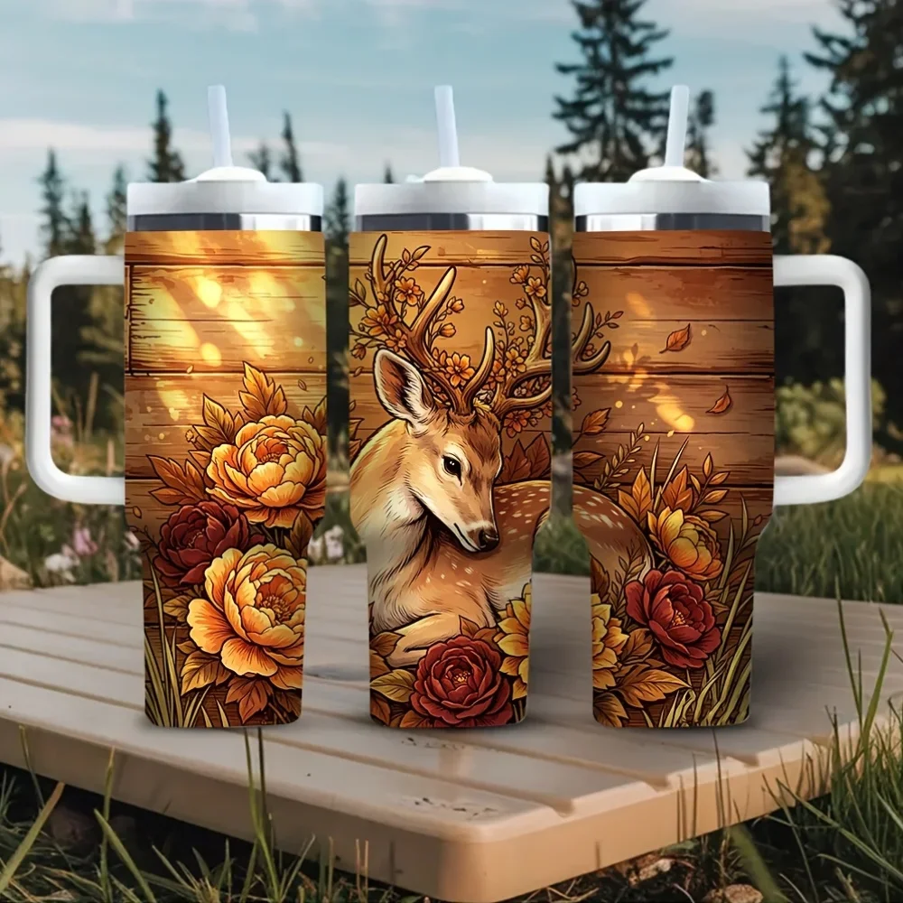 40Oz Tumbler with Handle, Beautiful Floral Deer Print on Wood Background, Ideal for Hunting And Animal Lovers, Suitable for Hot And Cold Drinks, Perfect for Outdoor Camping Travel And Daily Use