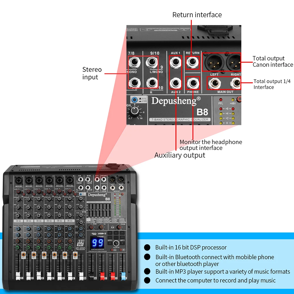 8 Channels Audio Mixer Depusheng B8 Sound Table Professional DJ Mixing Console Built in 99 DSP Digital Effects 48V Phantom Power