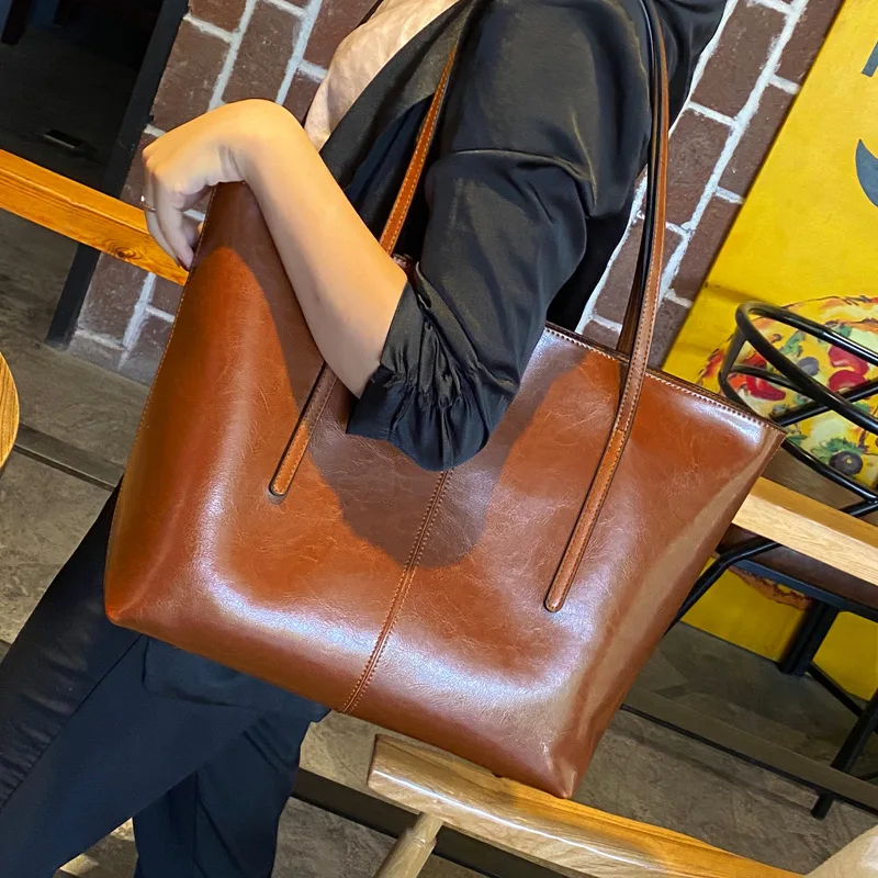 Genuine Leather Women's Large Capacity Tote Bag Women Fashion High quality Cowhide hand shoulder bag Commuter shopping bag