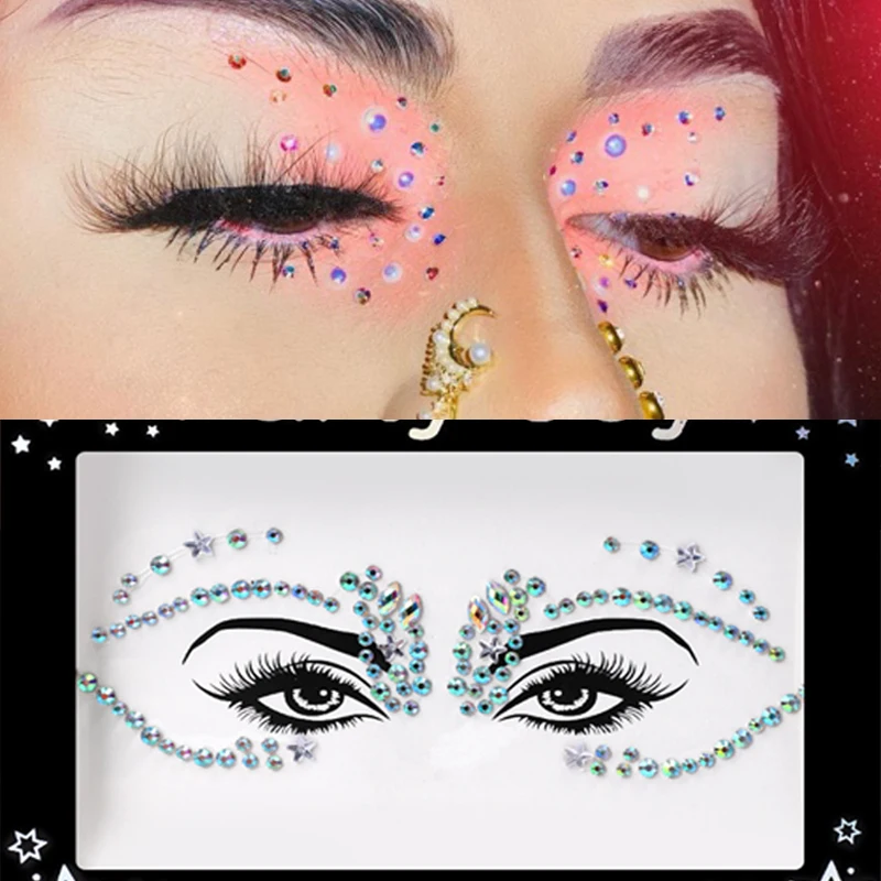 3D Crystal Temporary Tattoo Sticker Glitter Eyebrow Makeup Face Eyes Diamond Pearl Jewels Stickers Festival Body Art Decorations