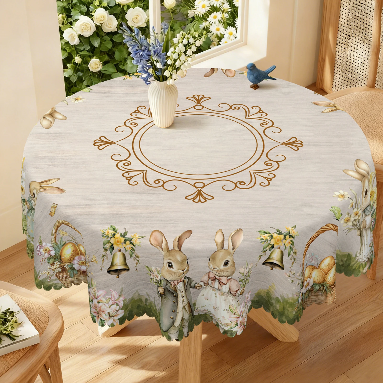Vintage Romantic Themed Tablecloth, Featuring Elegant and Cute Rabbits, Easter Eggs, Bells, Butterflies, Lilies and Other Floral Patterns, Embossed Edges, Waterproof, Wrinkle-Resistant, Fade-Resistant, Perfect Easter Gift for Family and Friends, Rectangular and Round Table Covers, Suitable for Spring, Summer, Autumn and Winter, for Home Kitchen Room Courtyard Balcony Picnic Cafe Restaurant Tabletop Easter014
