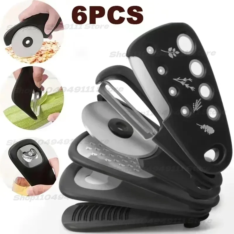 

New 6pcs Kitchen Gadgets Set Cheese Bottle Opener Vegetable Peeler Pizza Cutter Garlic Grinder Herb Stripper Kitchen Tools