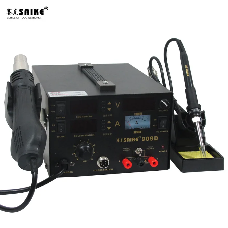 SAIKE 909D 3 in 1 Hot air gun soldering station Rework stations Desoldering station DC regulated power supply 15V 1A