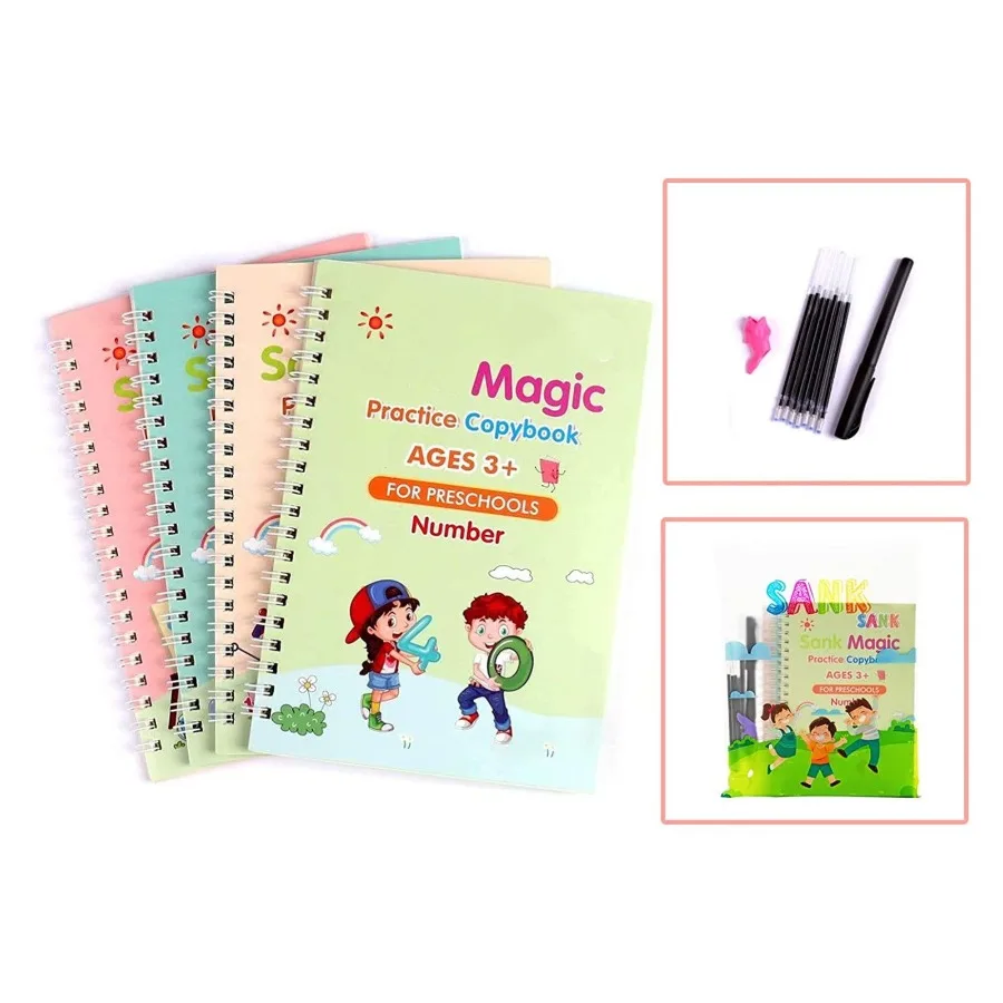 

Reusable Practice Copybook Print Handwiriting Workbook Reusable Writing Practice Book; 4 Books With Pen