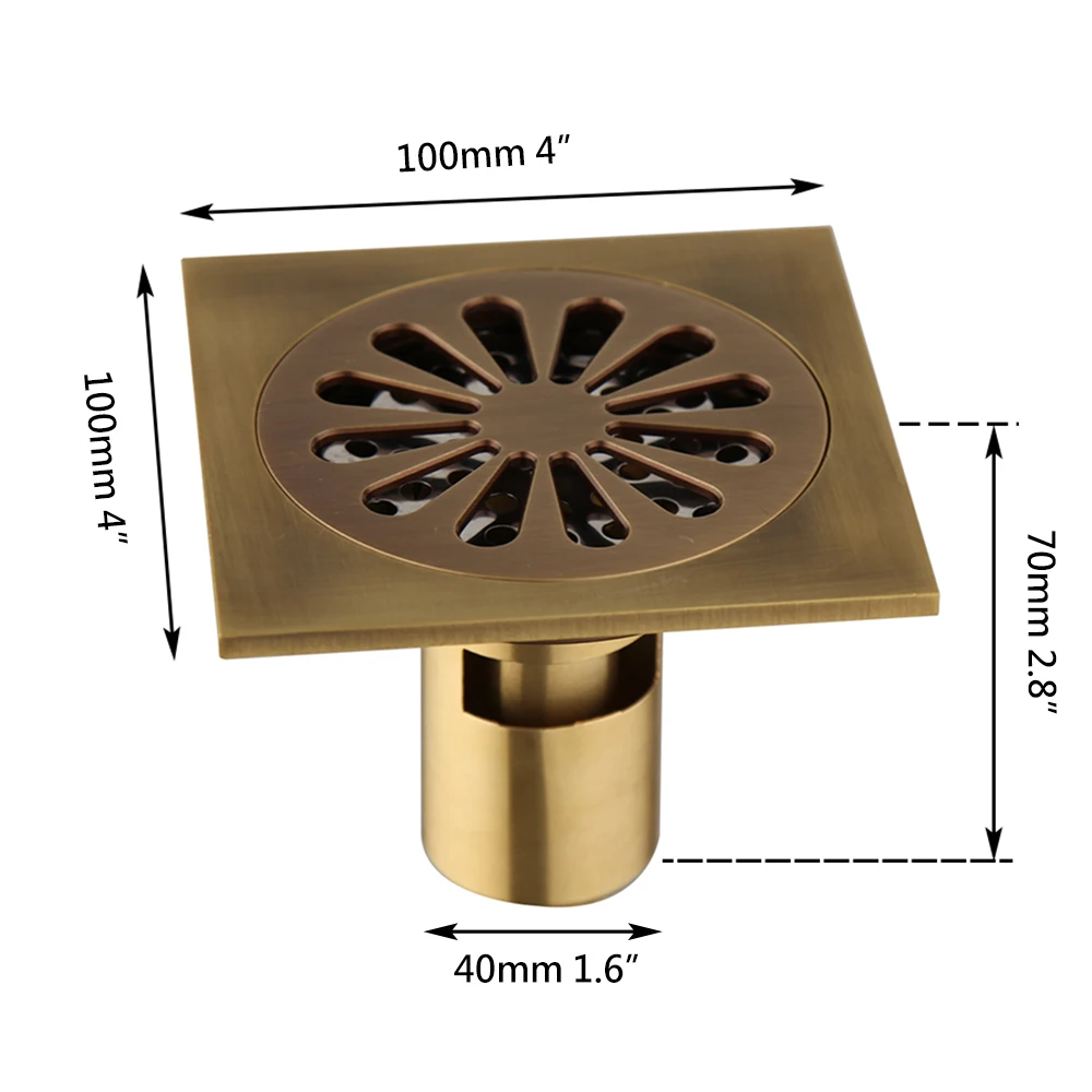 YANKSMART Antique Brass Floor Drain Bathroom Deodorant 100*100mm Square Strainer Cover Grate Waste Floor Drain