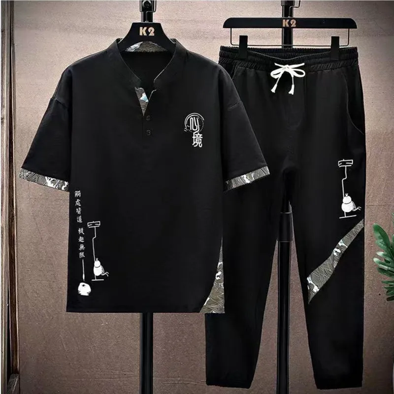 (Shirt + trousers) 2024 summer fashion men shirt Cotton shirts men\'s sets High quality shirts Two Piece size M-4XL TZ0195