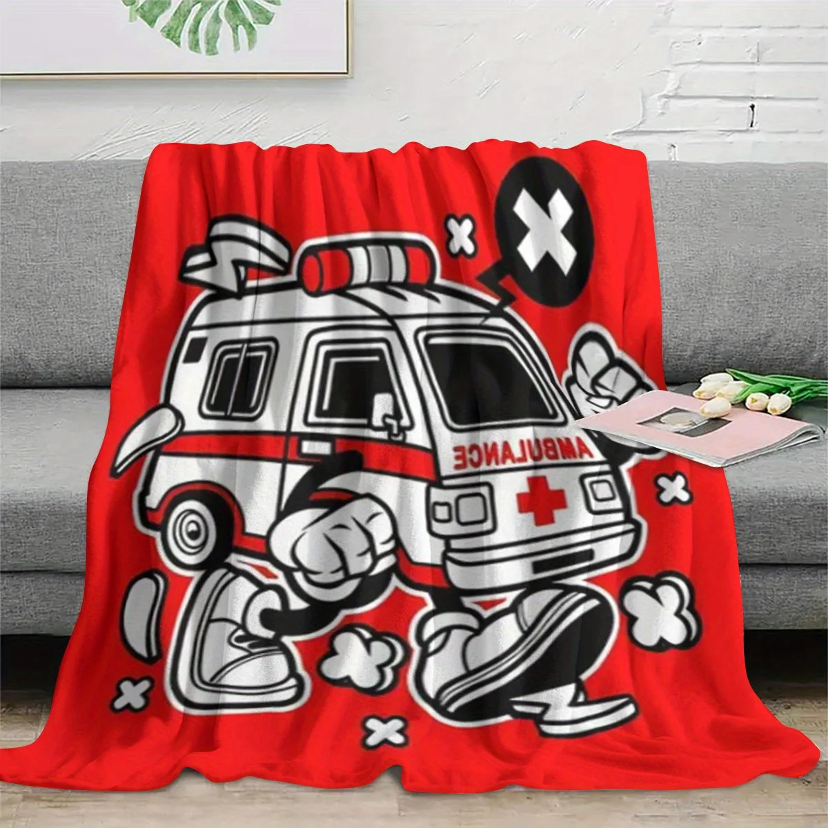 Red Background Animated Ambulance Character Pattern Flannel Blanket Cozy Plush Bedspread Portable Travel Blanket for Bedroom
