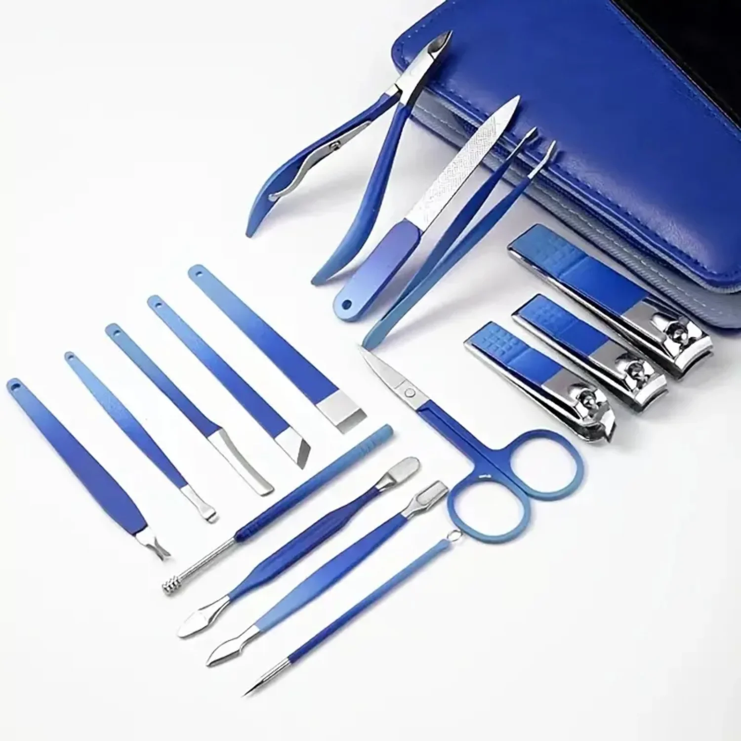 

Luxurious Blue Gradient Manicure & Pedicure Kit - 16-in-1 Nail Clippers & Grooming Tools with Travel Case for Men and Women.