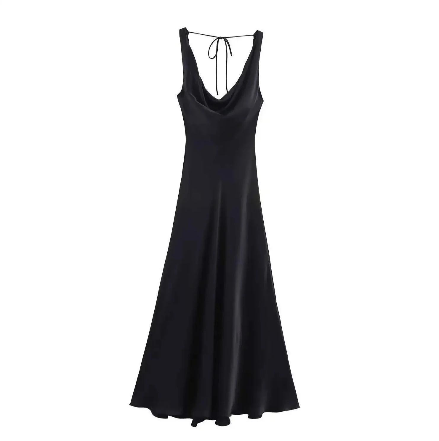 女性用シルクサテンブラックドレス - エレガントなスリムフィットエンパイアウエスト足首丈ガウン、ノースリーブレディライクスタイル新着