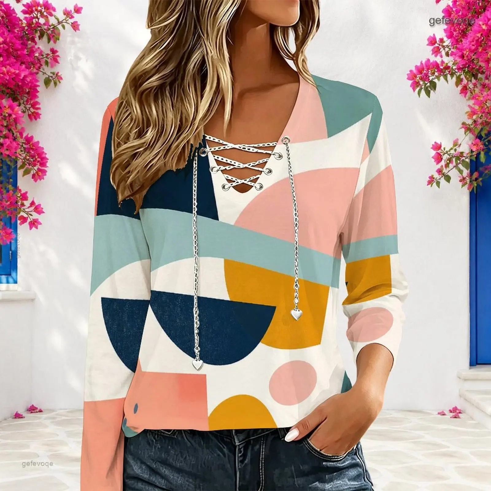 Women Abstract Geometric Print V Neck Long Sleeve Eyelet Chain Lace Up Top