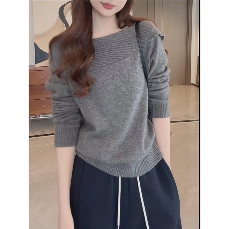 

Женский трикотаж больших размеров, длинный све, свободный одно плечо, осенне-зимняя внутренняя одежда, повседневная одежда, удобная посадка, удобная посадка для поездок на работу