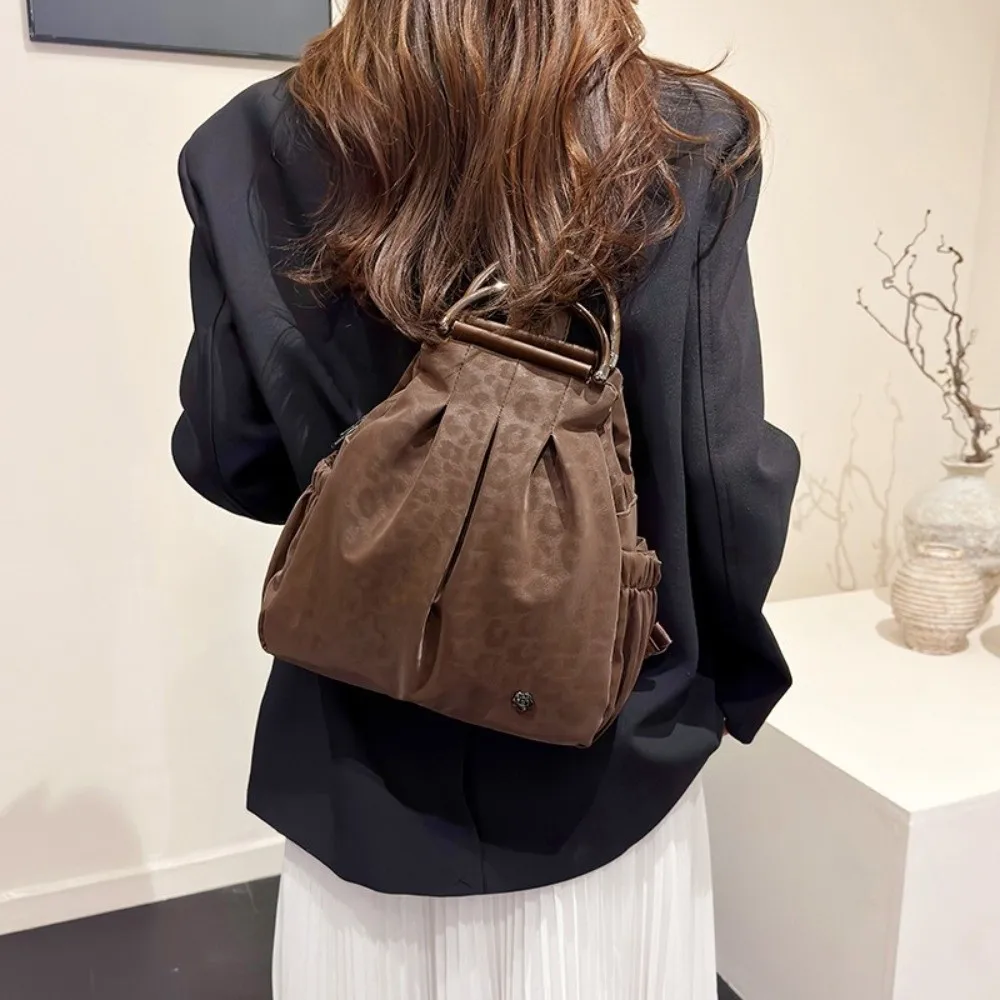 Large Capacity Leopard Print Backpack Multi-pocket Casual Style Three-way Backpack Lightweight Ruched Style Travel Bag Shopping