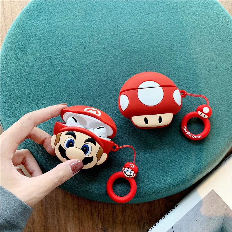 Super Mario Case for Apple AirPods 1 2 3 Airpod Pro 3D Mushroom Keychain Wireless Earphone Bluetooth Headset Case Silicone Cover