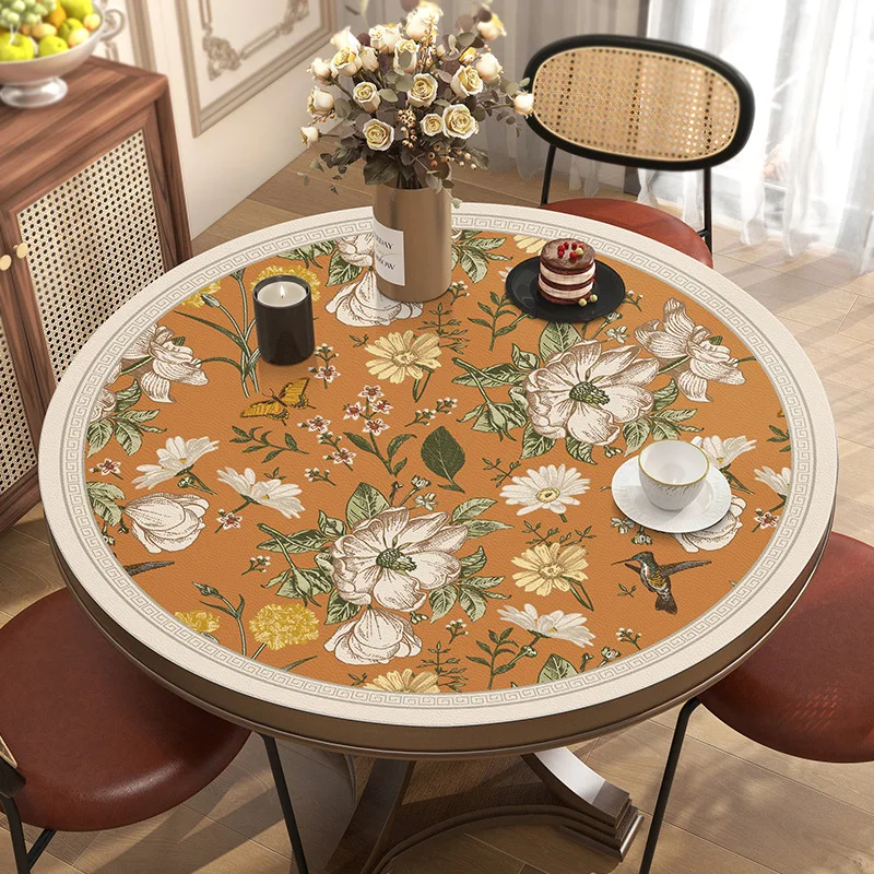 Vintage Print Custom Round Tablecloth Waterproof Oil Proof Leather Round Table Mat Non-slip Party Table Deco Cover