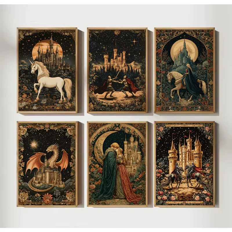 Vintage Renaissance Medieval Knight Epic Sword Fight Fantasy Castle Dragon Poster Canvas Painting Wall Art Pictures Home Decor