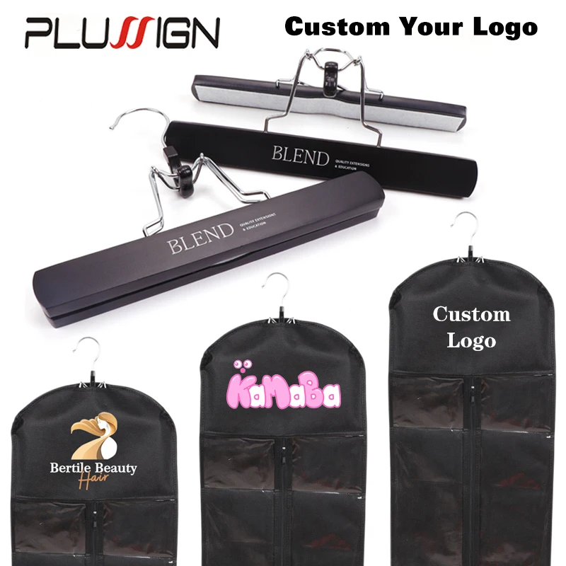 Custom Logo 50Pcs Wooden Wig Hanger And Wig Storage Bag For Hairpieces Wigs Bundles Storage Carrier Case Hair Extension Holder