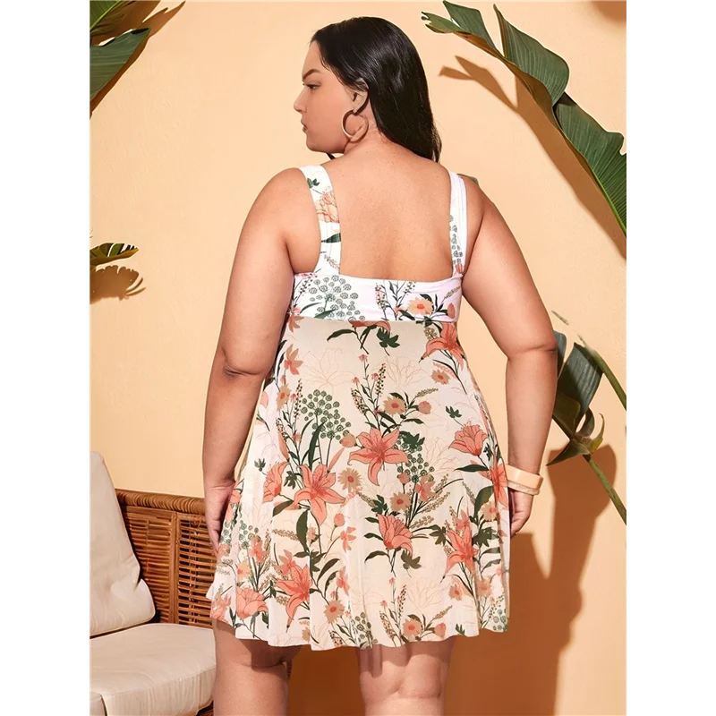 AOAO - Damska Sukienka Kąpielowa Plus Size z Dekoltem U, Nadrukiem, Kontrolą Brzucha, Rozcięciem Bocznym, Tankini na Lato 2025