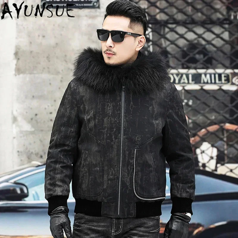 AYUNSUE Men's Winter Parkas Hooded Real Rabbit Fur Liner Jacket Men 2025 Warm Big Raccoon Collar Coat Abrigo Hombre Gxy797