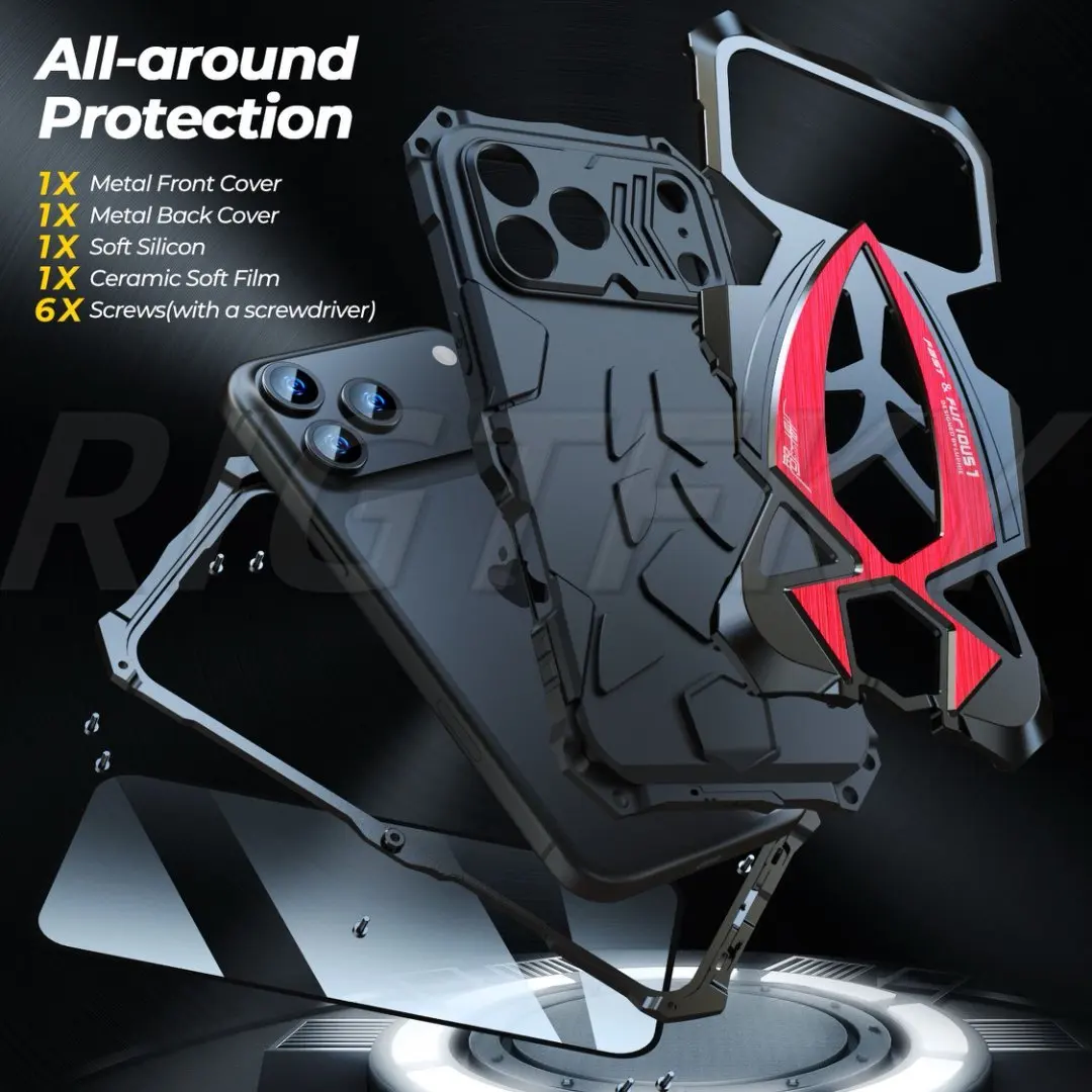 

For iPhone17 Pro Max 7p 8p XR XS 11 12 Mini 13 14 15 16 Pro Luxury Armor Metal Tank Heavy Duty Protection Case Shockproof Cover