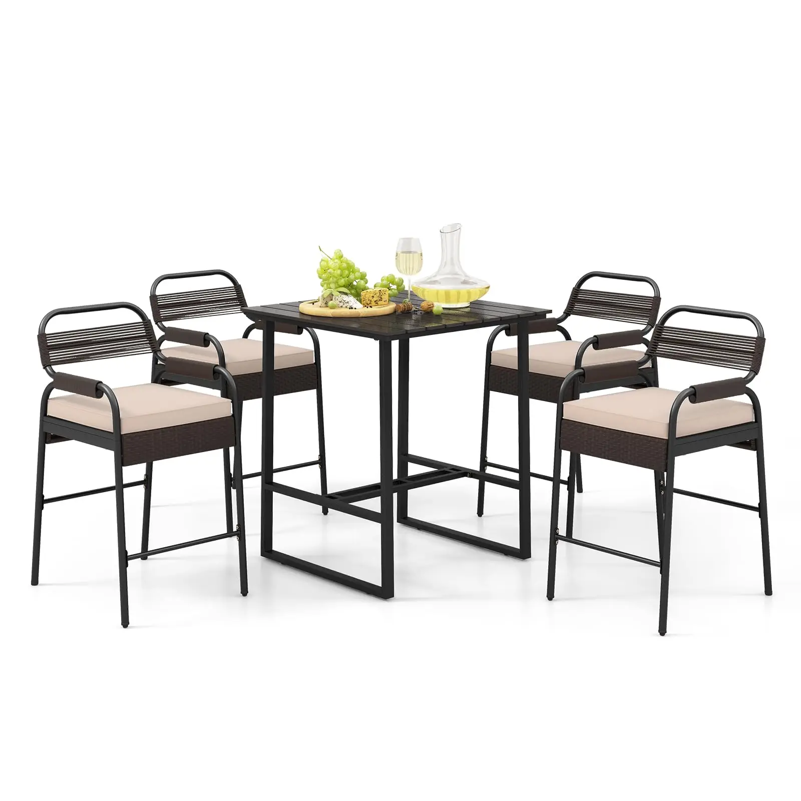 5 Pieces Patio Bar Set Rattan Wicker Dining Bistro Set with 4 Cushioned Stools & Bar Table, Counter Height, for Outdoor
