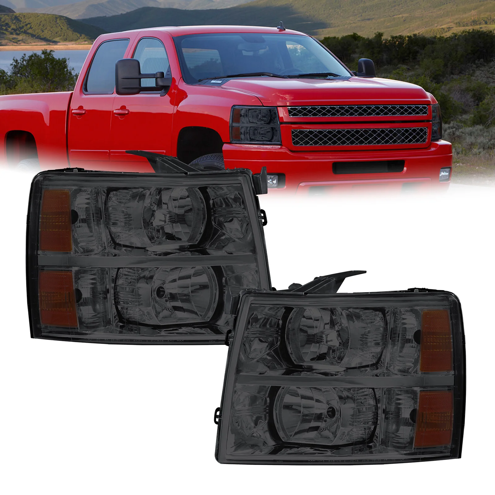 

Pair Smoke Headlights Amber Reflector For 2007-2013 Chevrolet Silverado 1500 For 2007-2014 Silverado 2500 3500HD