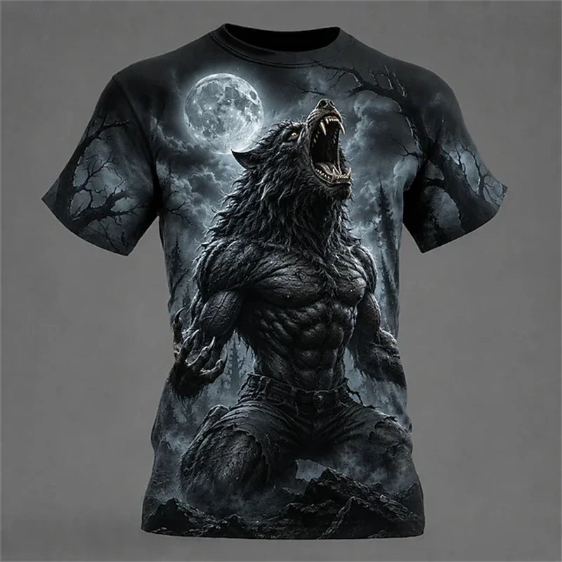 New Men's “Full Moon Night Wolf Howl” Horror-Themed 3D-Printed T-Shirt Perfect for Halloween Parties Round-Neck Short-Sleeve Top