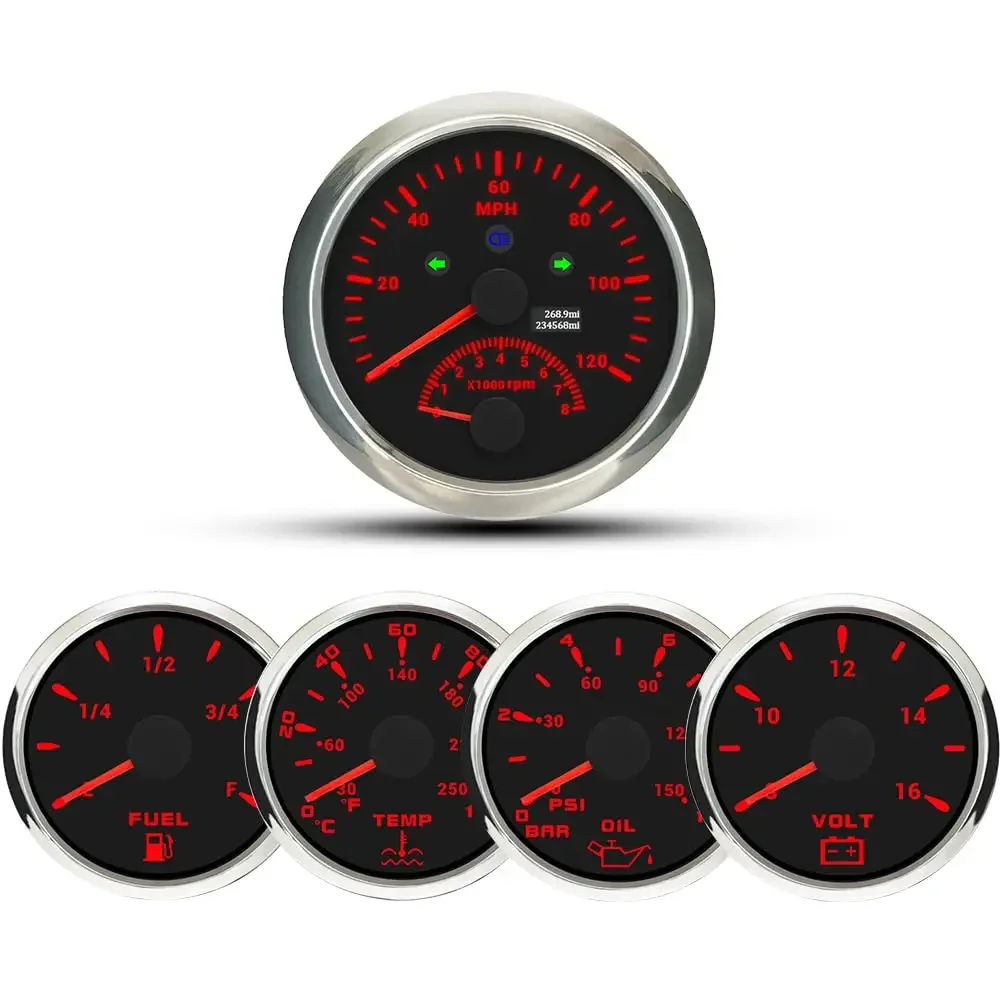 85mm GPS Speedometer 120 MPH 8000 RPM Tachometer 52mm LCD for Fuel Level Water Temperature Oil Pressure 12V Voltmeter for New