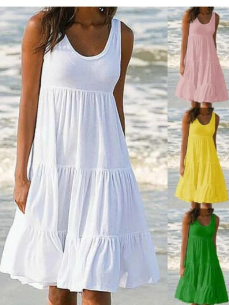 

Oversized O Neck Sleeveless Ruffles Loose Beach Dress Women Boho Solid Color Plus Size Elegant Sundress Club Party Vestidos