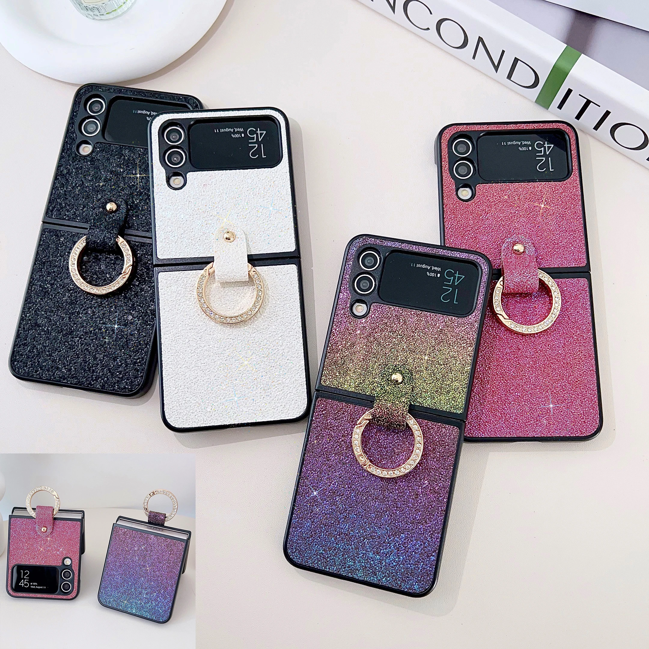 لسامسونج غالاكسي Z فليب 4 Z فليب 6 5 3 4 5 جرام P50 جيب جراب هاتف فاخر بلينغ بريق الغطاء الصلب مع حامل حلقة النساء فتاة