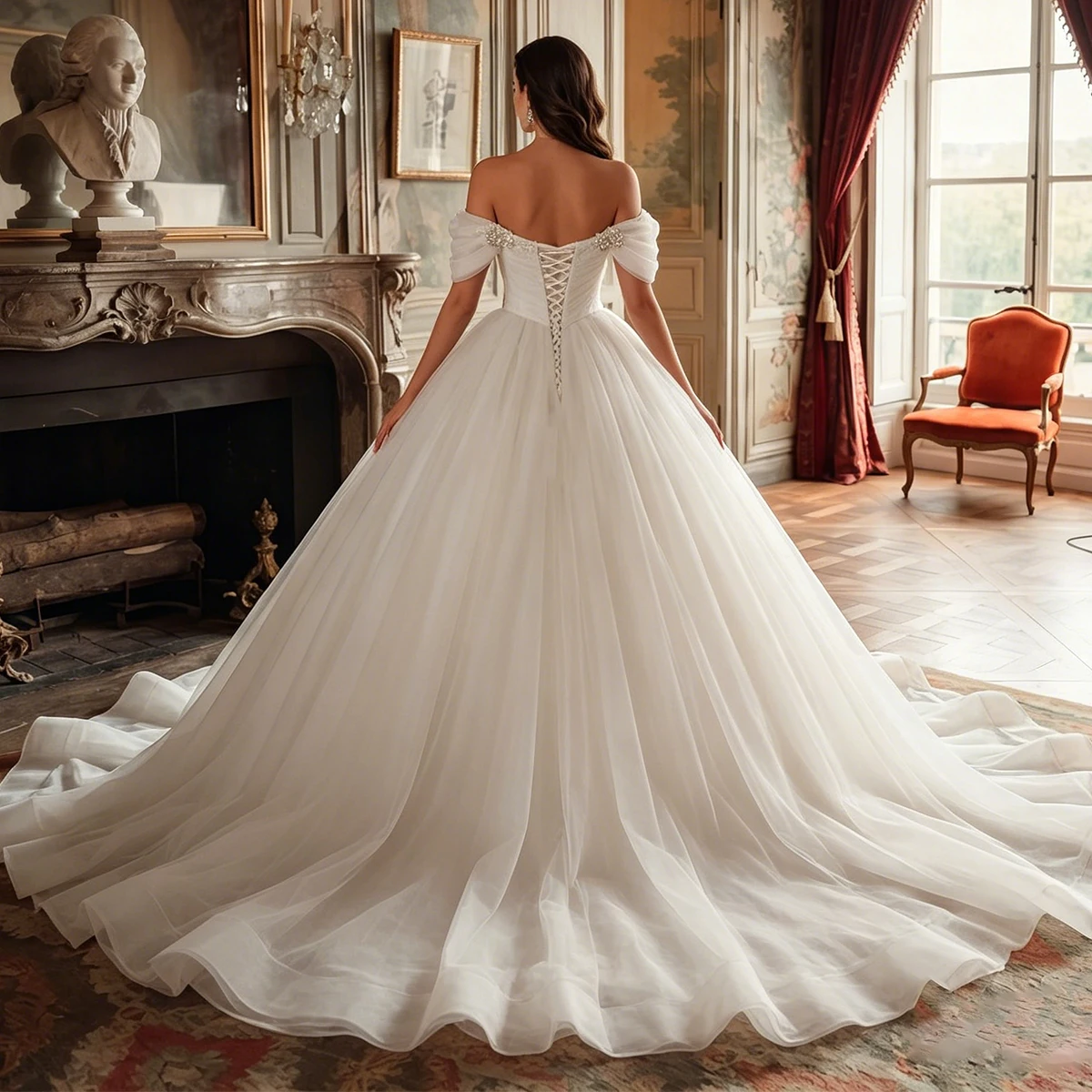 Classic Beaded Puffy Ball Gown Wedding Dress For Bride Long Tulle Ball Gown Off Shoulder Bridal Gown For Women Vestidos Novia