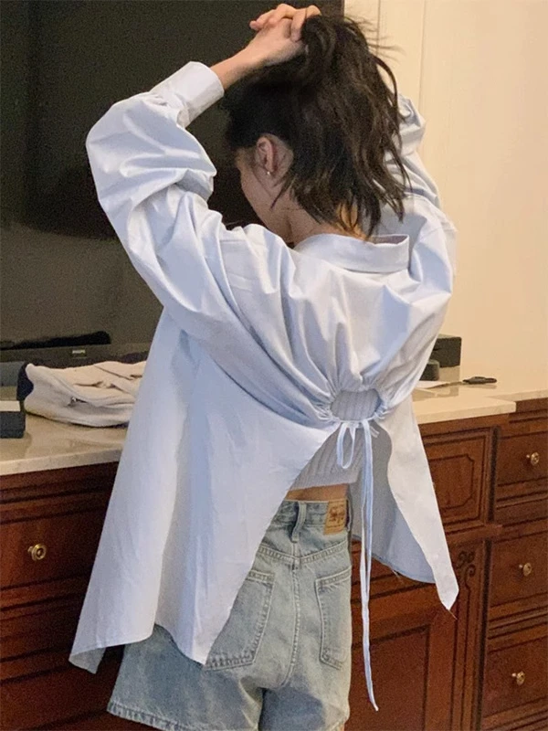 

Large Size Back Hollow out Belted Women's Shirt Long Sleeve Sun Protection Spring Autumn Design Fashionable Outerwear