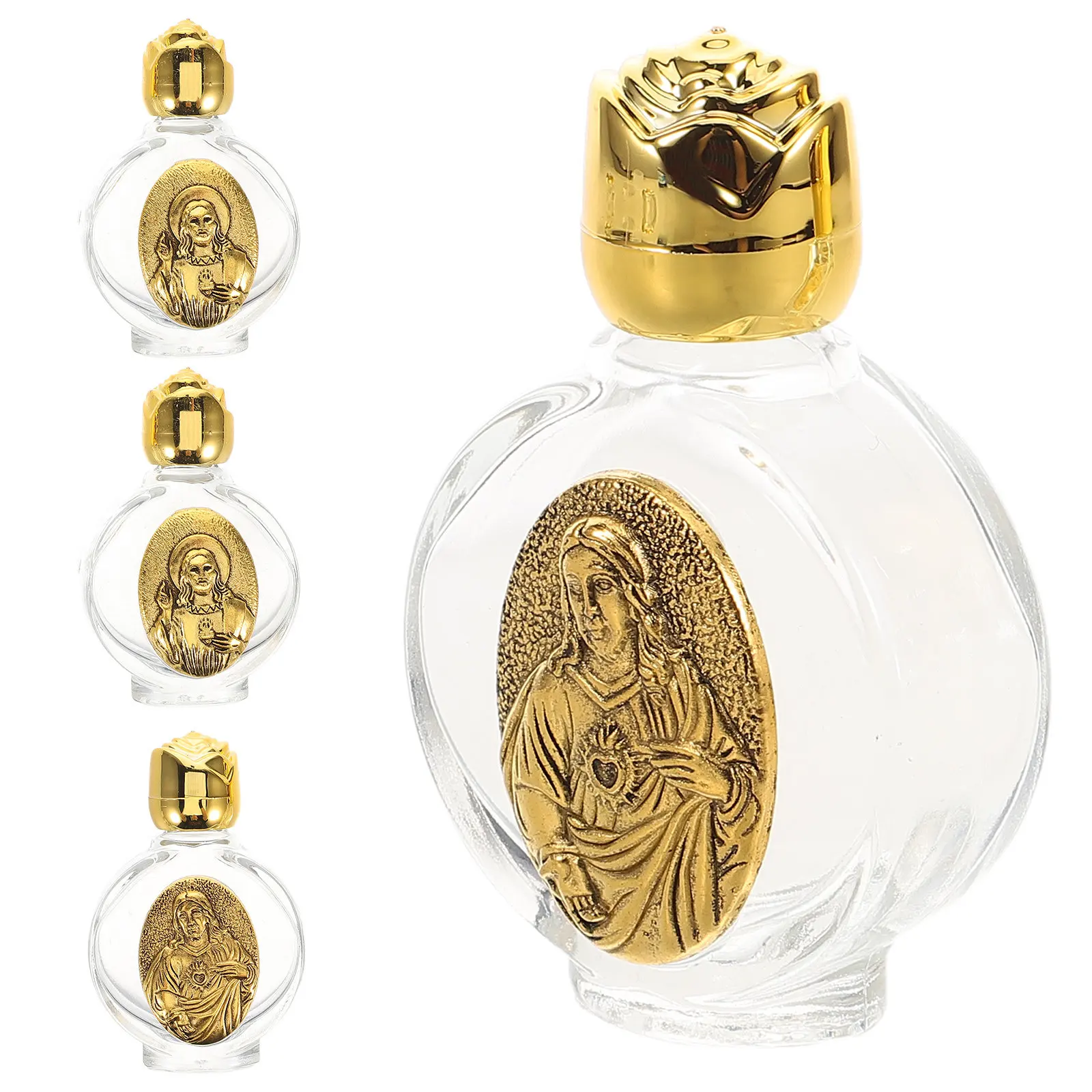 

4Pcs Holy Water Bottles Elegant Portable Refillable Mini Glass Containers Rose Embossed Religious Baptism Wedding Travel Favors
