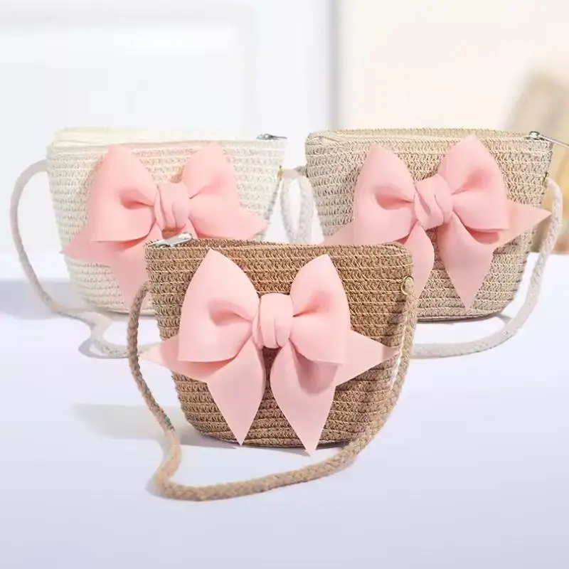 Cute Bow Straw Shoulder Bags Baby Girls Handmade Woven Crossbody Bag Princess Kids Messenger Bags Mini Coin Purse Beach Handbags