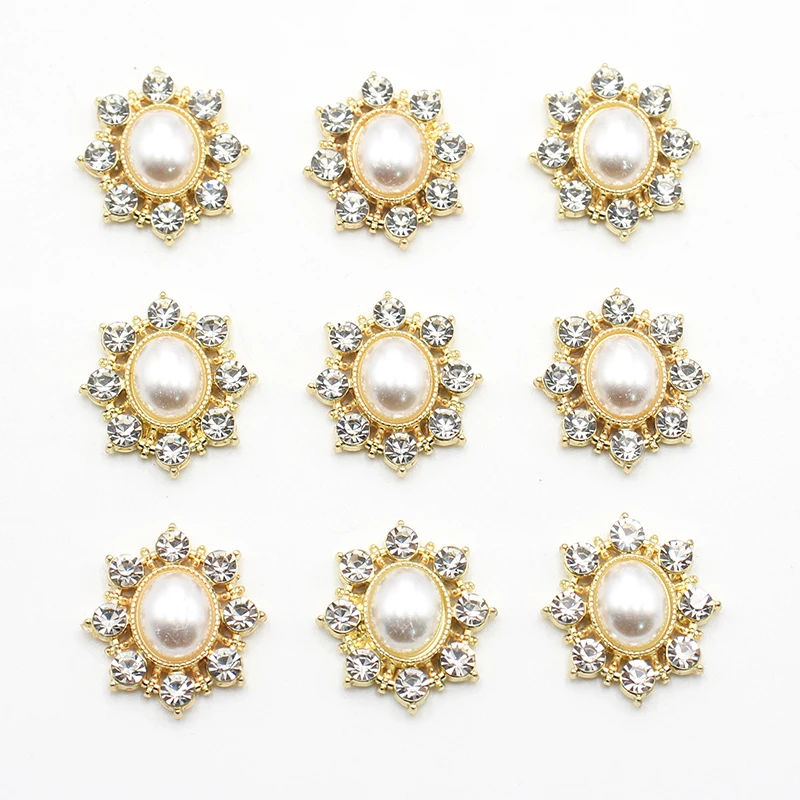 New 10 Pieces/Batch of Alloy Inlaid Diamond Decorative Oval Pearl Button DIY Wedding Invitation Clothing Hair Accessories